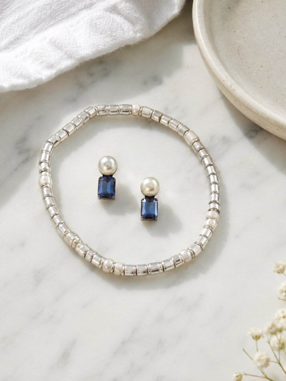 J. Crew Beaded Bracelet & Sapphire Pearl Studs Set Preppy Minimalist